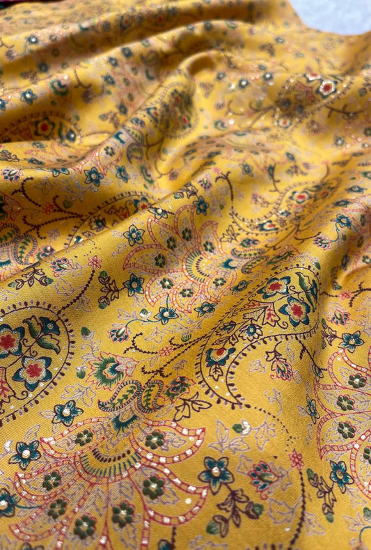 Exclusive Golden-Yellow Chanderi Fabric Textile with Botanical Prints
