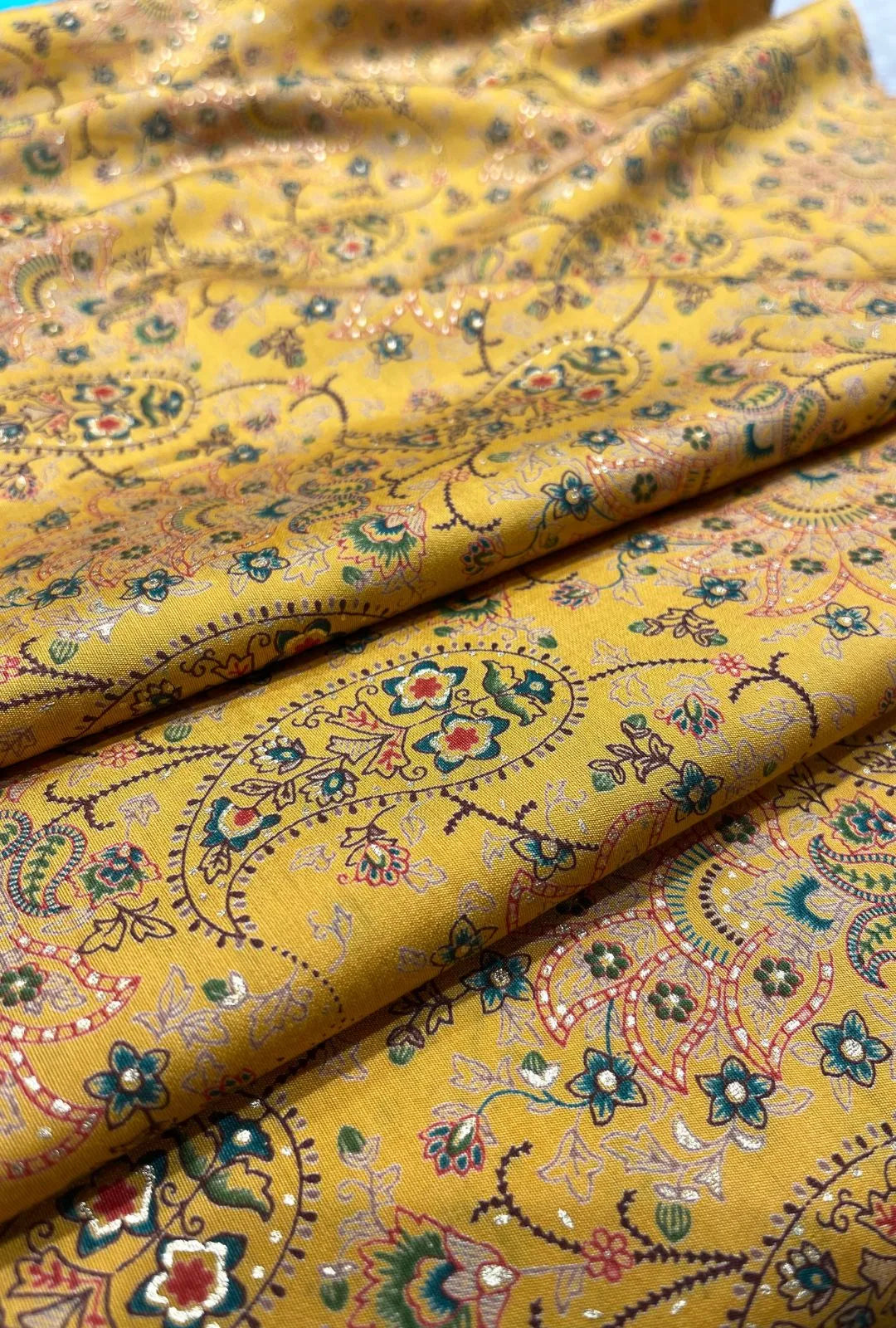 Exclusive Golden-Yellow Chanderi Fabric Textile with Botanical Prints
