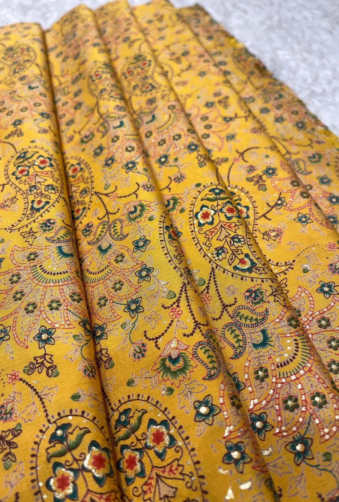 Exclusive Golden-Yellow Chanderi Fabric Textile with Botanical Prints