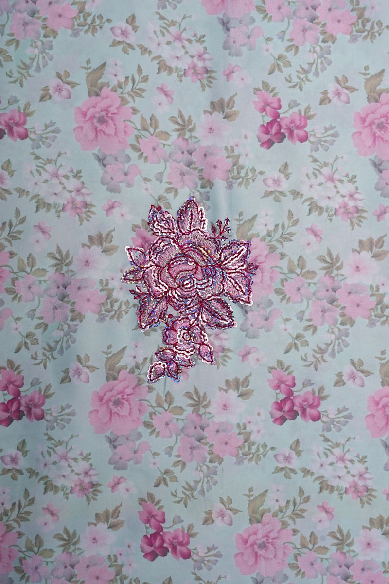 Pink Flower Spangle Embroidery Work Fabric