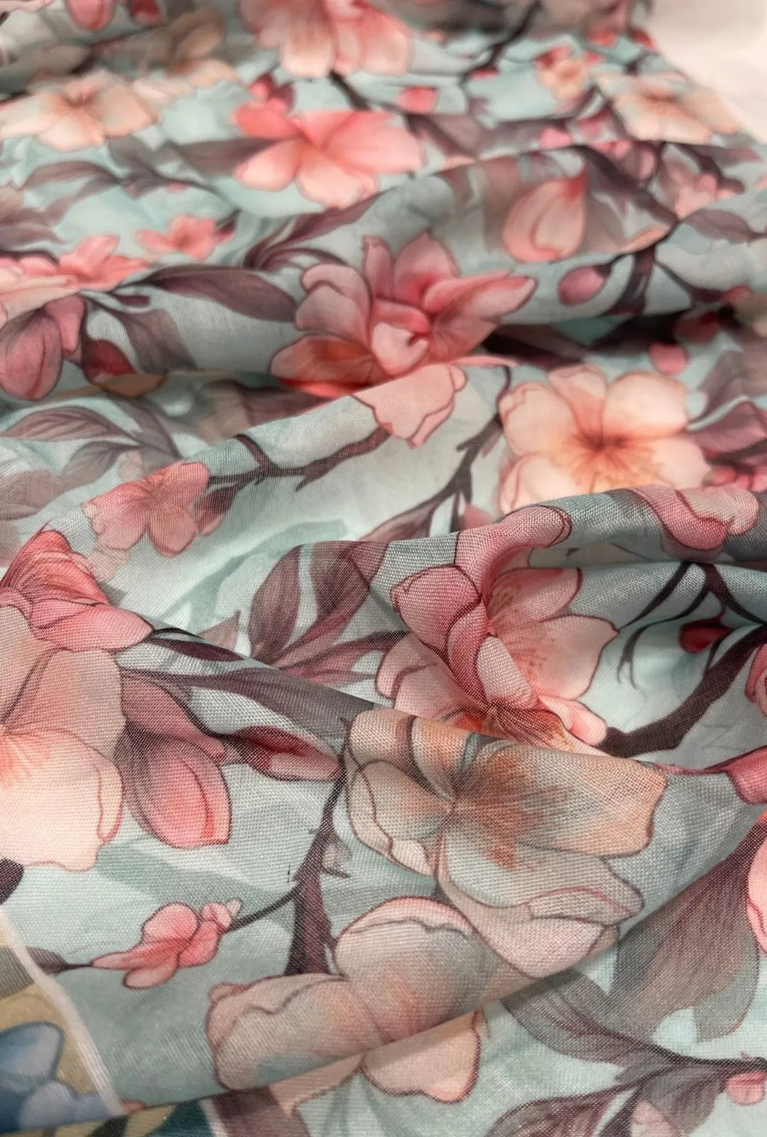 Fine Linework Blossom Printed London Cotton Bisht Gown Fabric