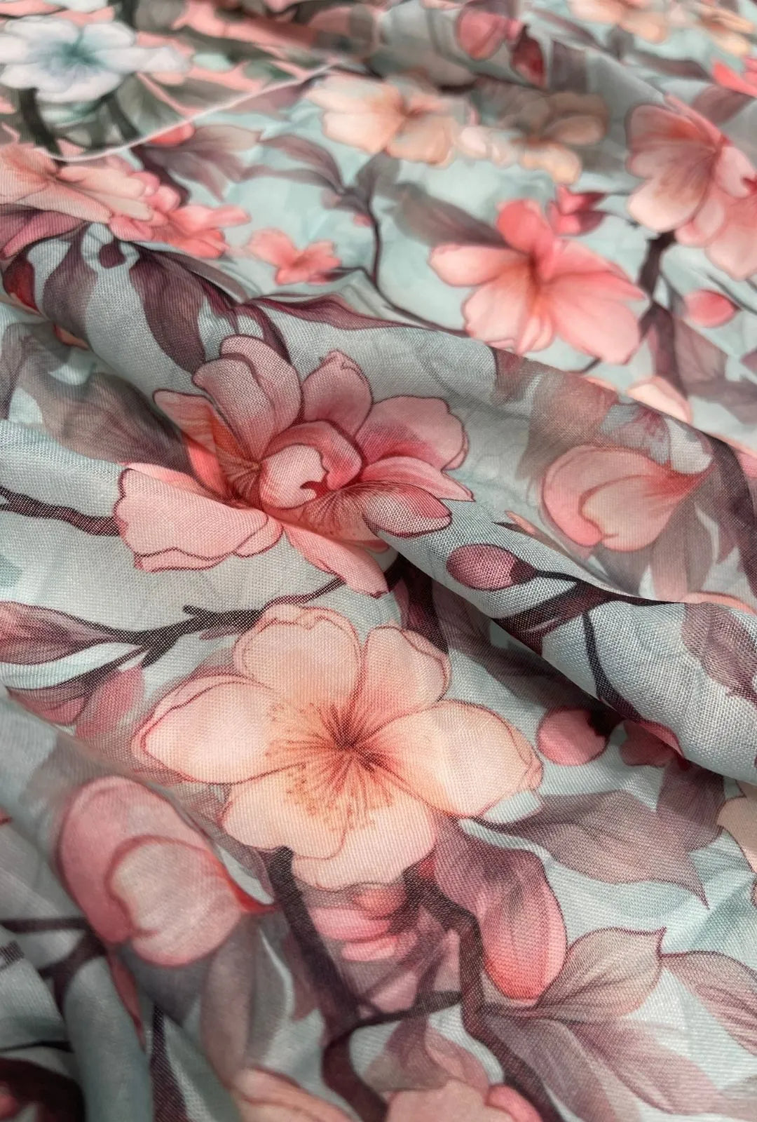 Fine Linework Blossom Printed London Cotton Bisht Gown Fabric
