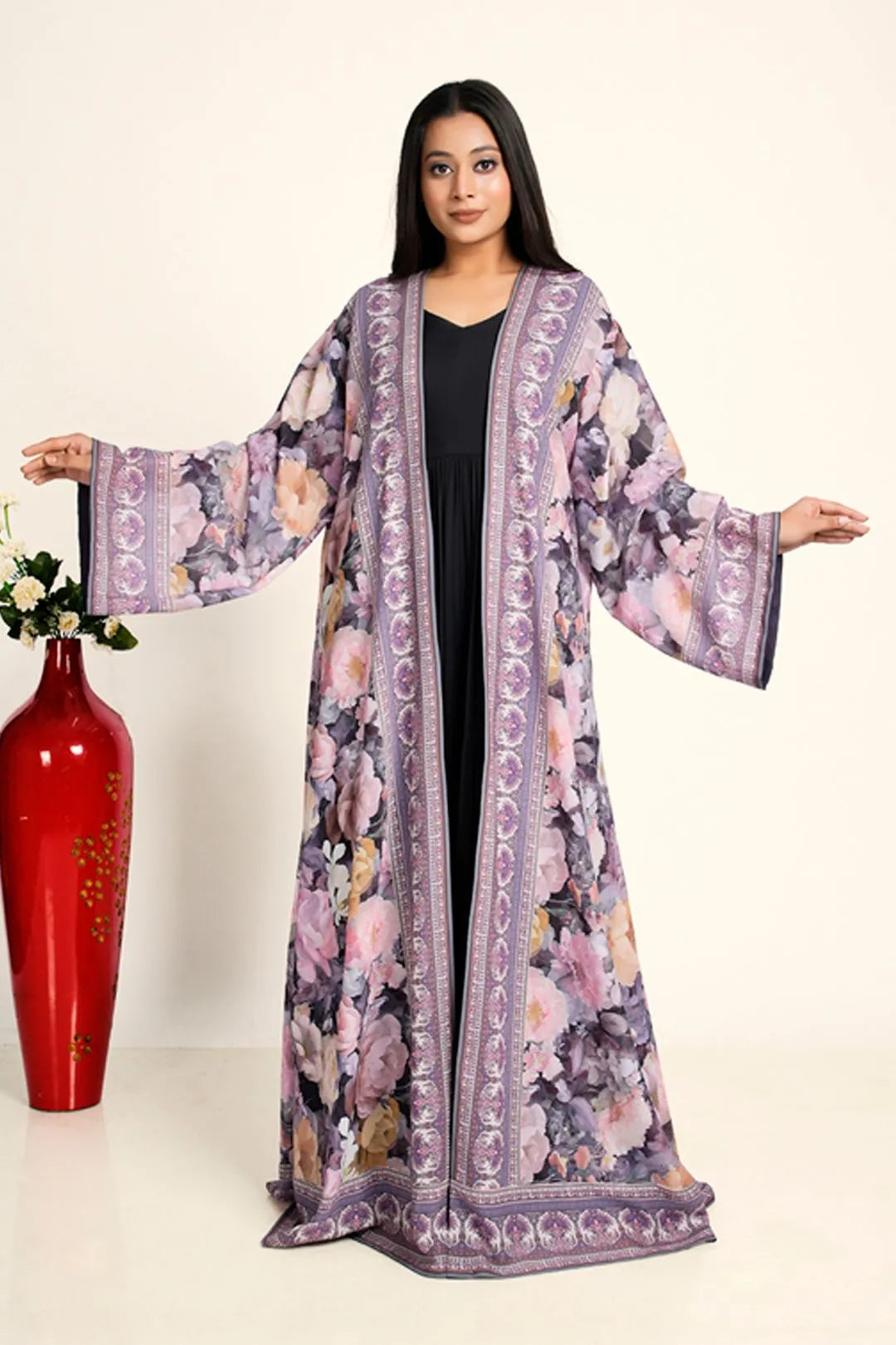 Floral Chiffon Long Shrug Open Front Women Modest Wear Layer