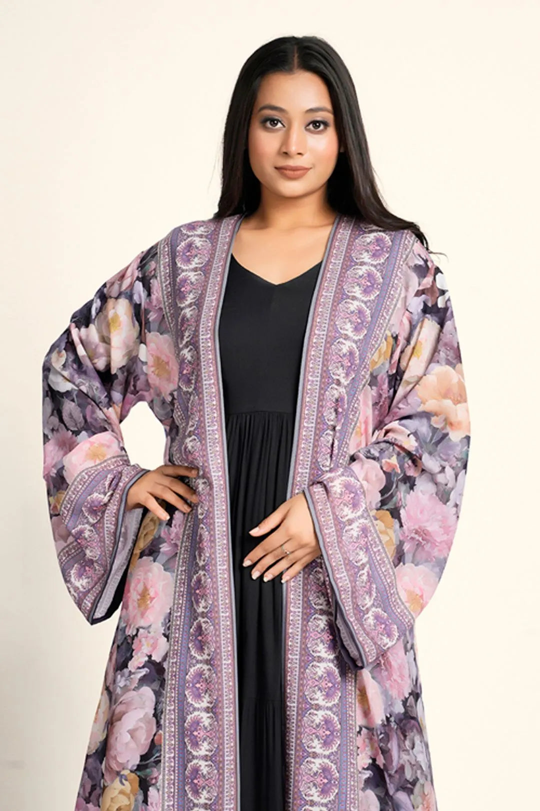 Floral Chiffon Long Shrug Open Front Women Modest Wear Layer
