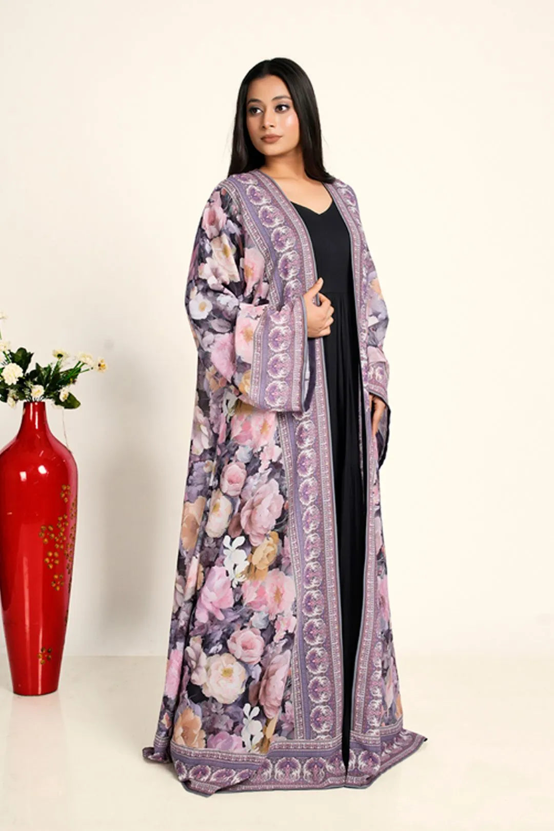 Floral Chiffon Long Shrug Open Front Women Modest Wear Layer