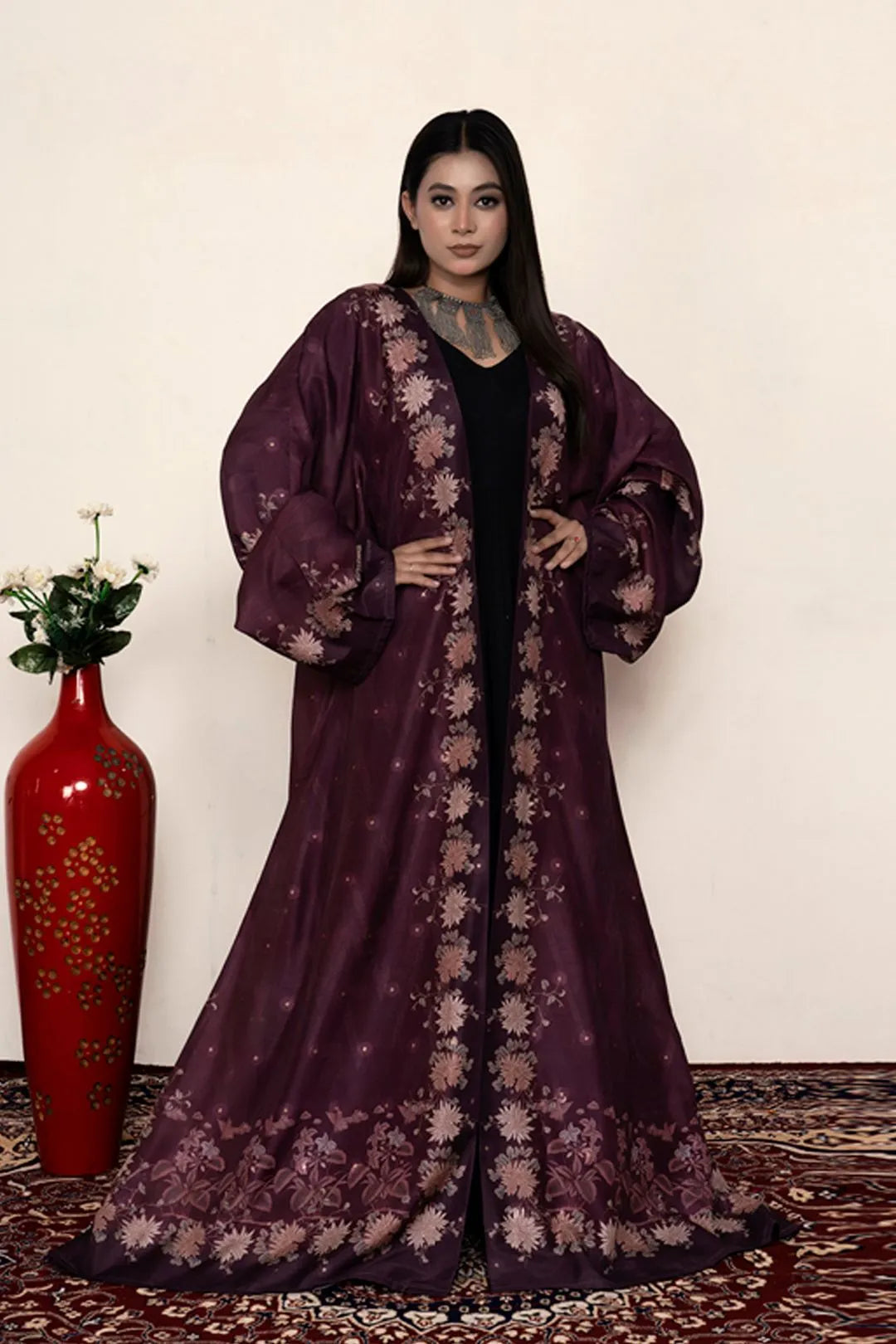 Floral Muslin Poly Open Abaya Shrug Elegant Modest Wear