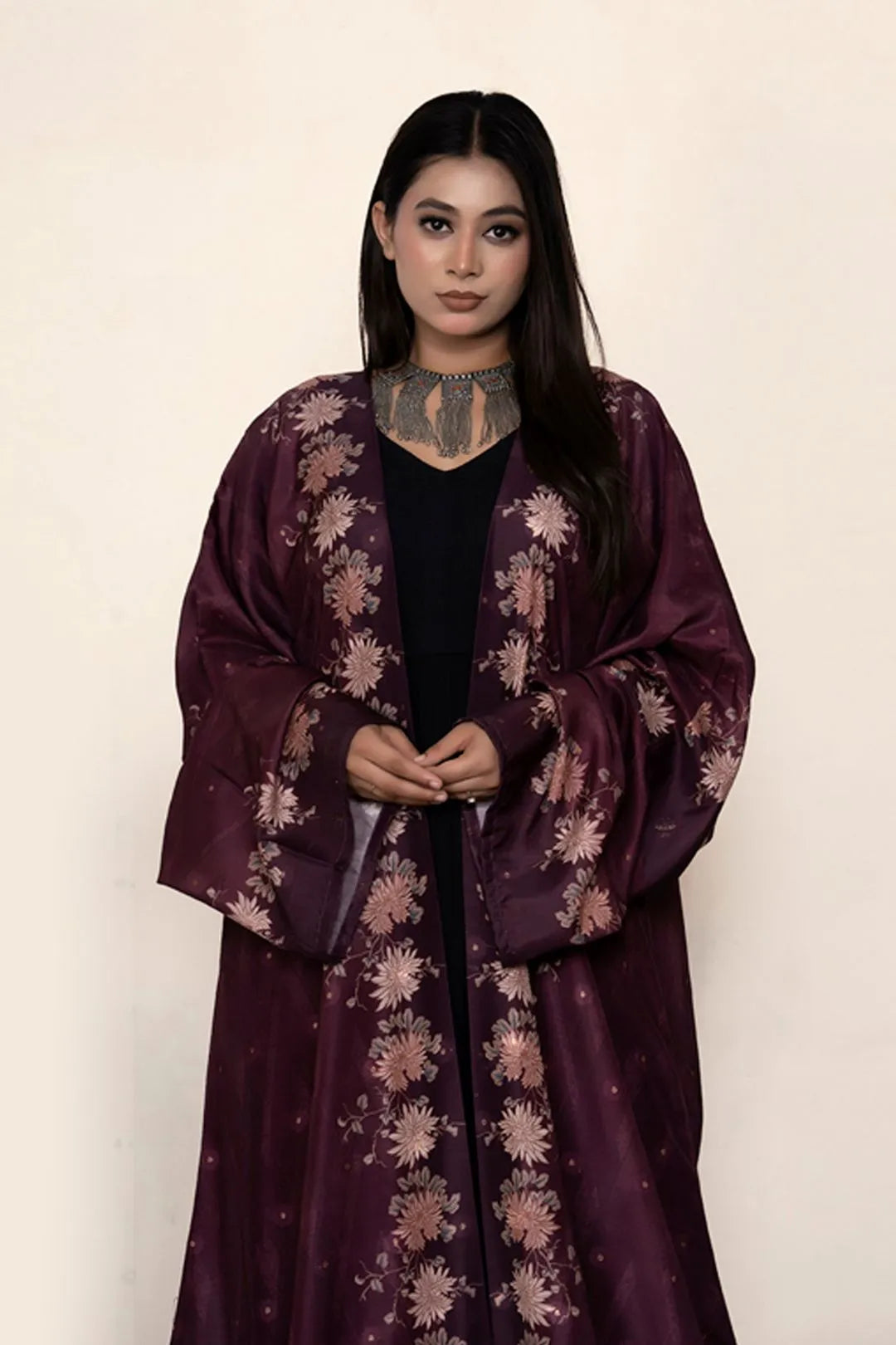Floral Muslin Poly Open Abaya Shrug Elegant Modest Wear