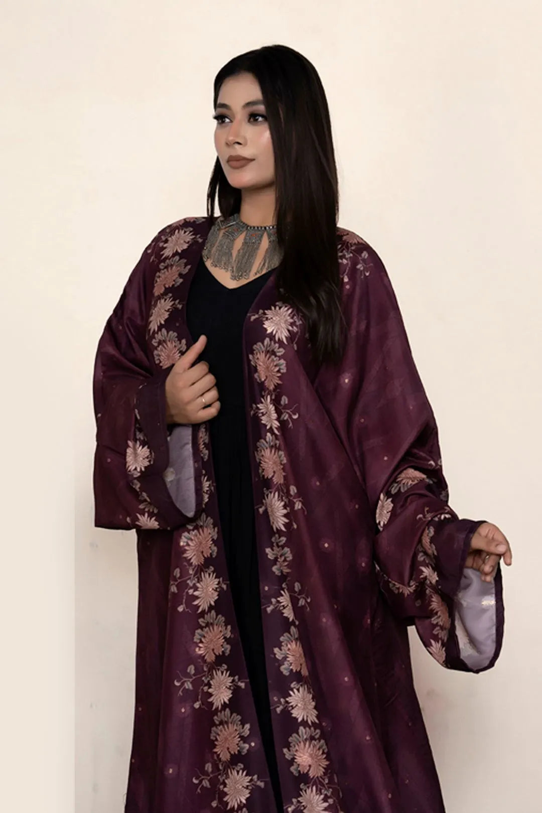 Floral Muslin Poly Open Abaya Shrug Elegant Modest Wear