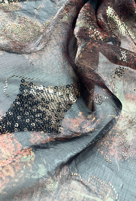 Geometric Sequence Detailed Mottled NC Satin Foil Fabric