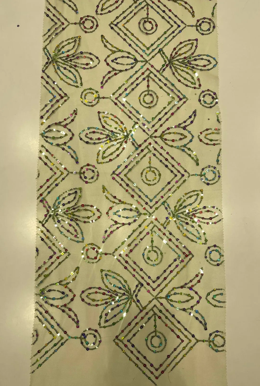 Geometric Square and Concentric Sequence Embroidered Net Fabric