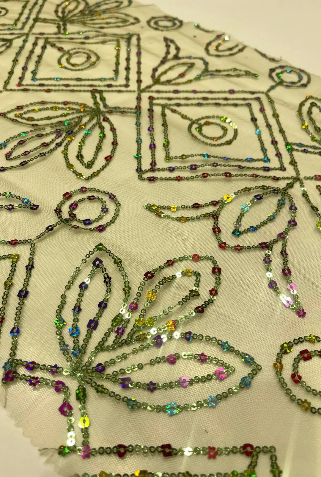 Geometric Square and Concentric Sequence Embroidered Net Fabric