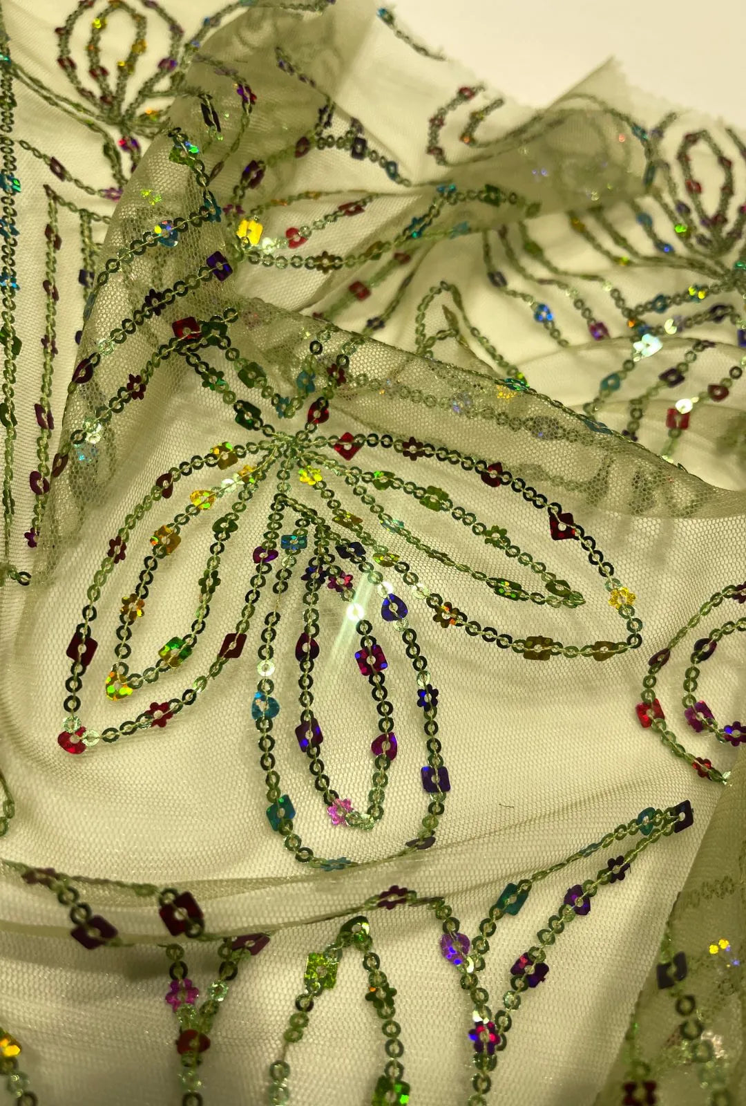 Geometric Square and Concentric Sequence Embroidered Net Fabric