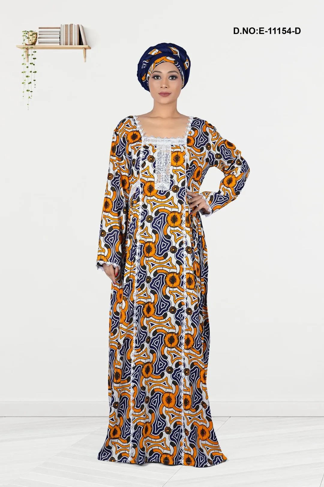 Gold Flower Printed African Kaftan With Stole For Women