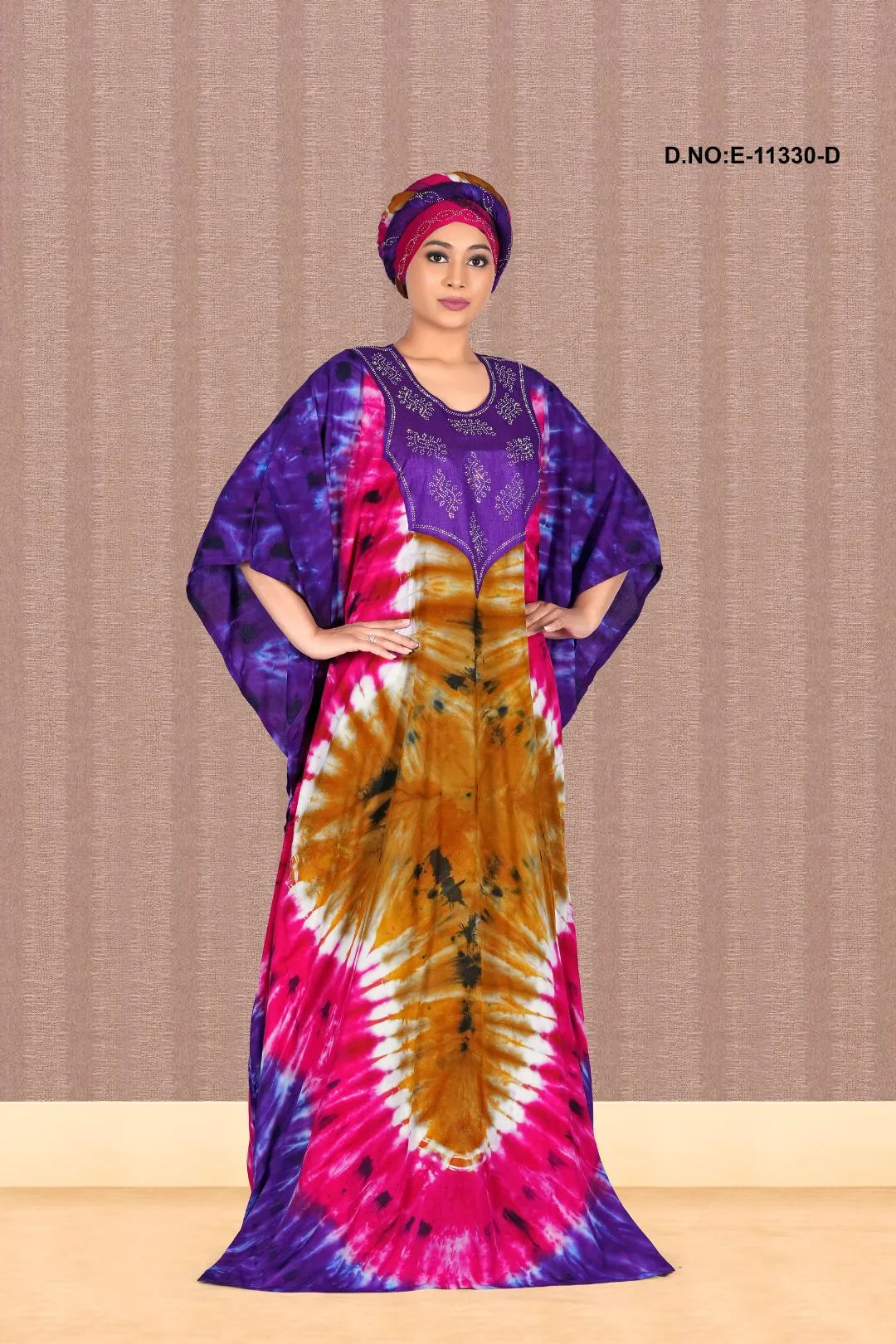 Gold Hand Tie Dyed Long Farasa Kaftan For Women