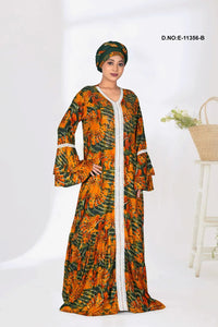 Gold Muslim Abaya Ethnic Floral Kaftan Maxi Dress with Hijab