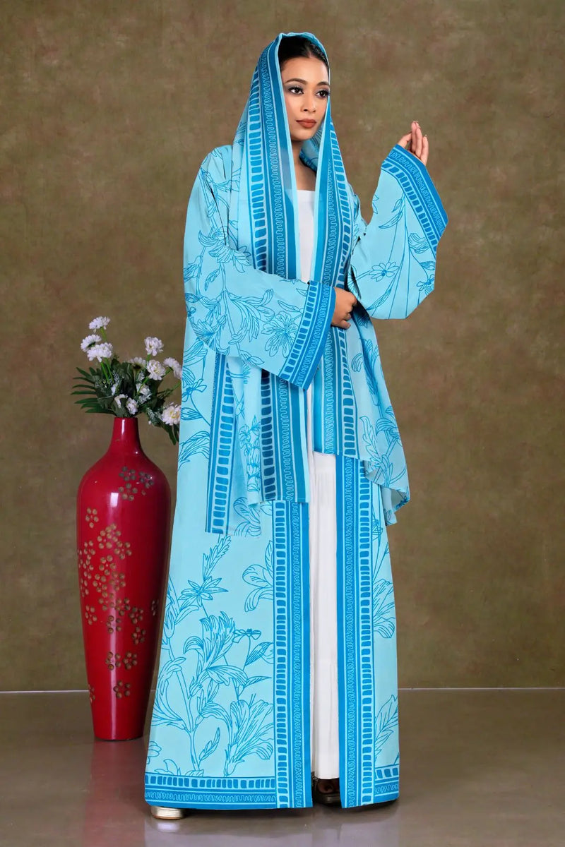 Sky Blue Long Shrug with Black Floral Print Detailing