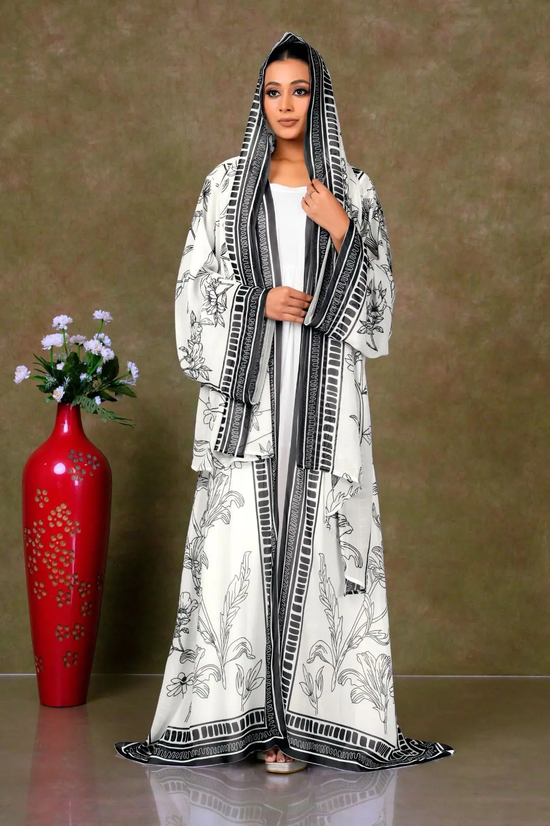 White Long Shrug with Black Floral Print Detailing