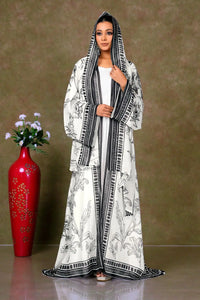 White Long Shrug with Black Floral Print Detailing