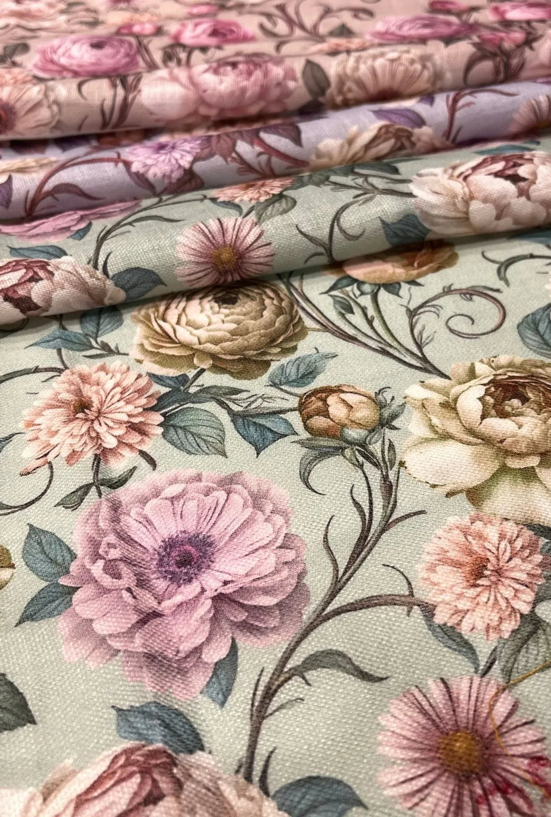Graceful Vintage Blossoms Chiku Linen Deluxe Fabric Yardage