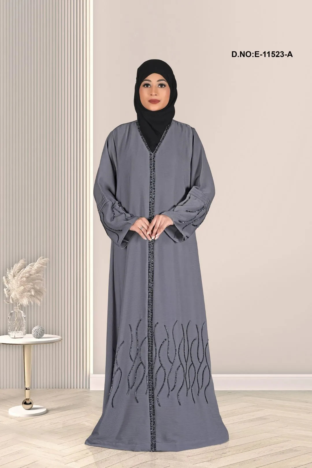 Gray Abaya For Women Turkish Pattern in imported hand work diamond sleeves