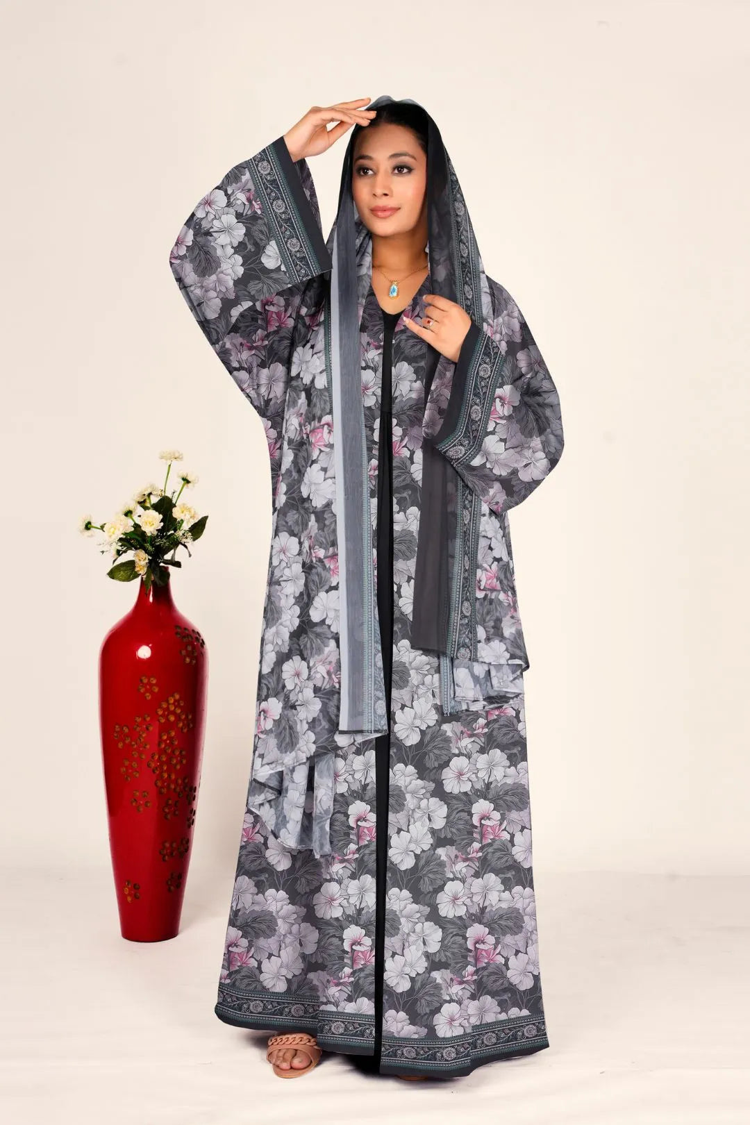 Botanical Chiffon Overlay Shrug Open Longline Women Modest Wear