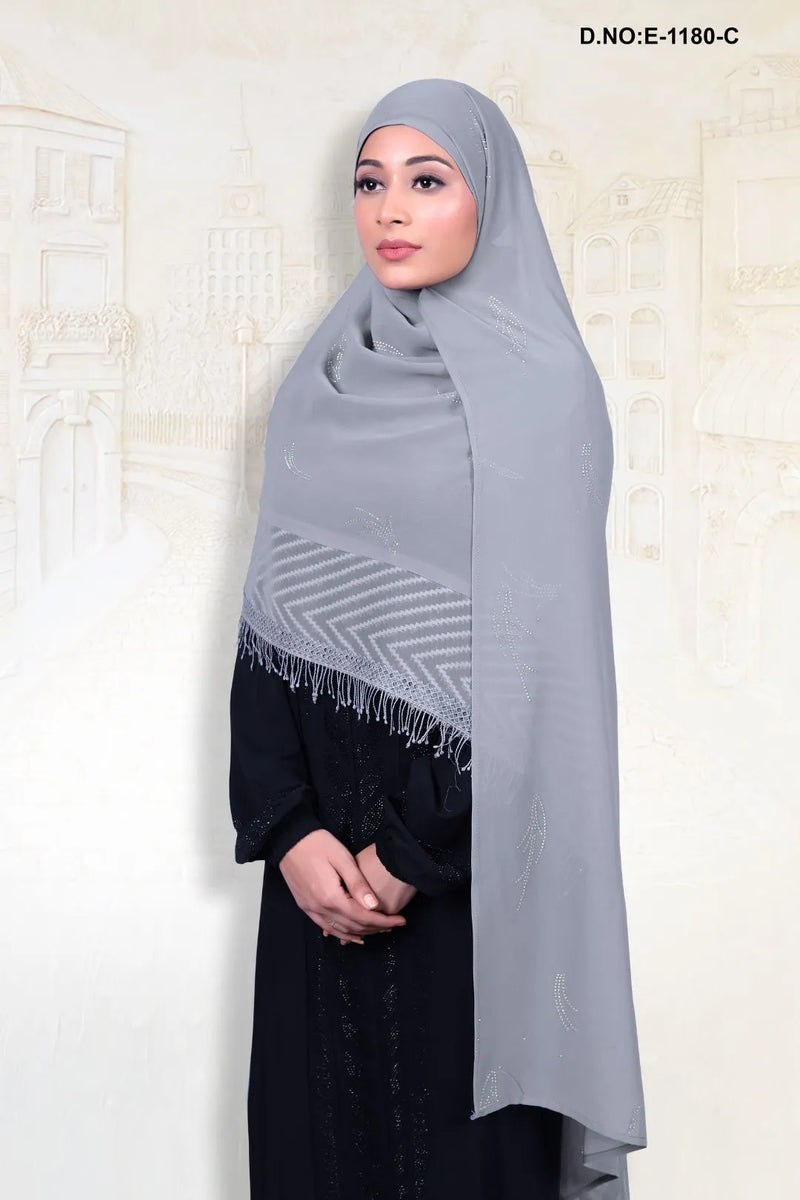 Gray Diamond Stone Work Dupatta With Lace