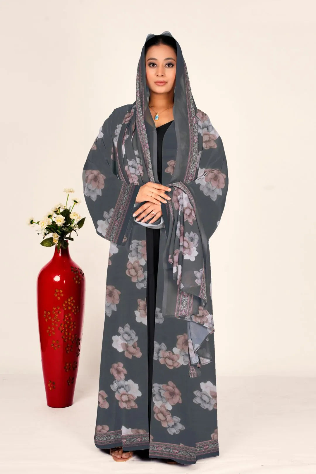 Floral Chiffon Long Shrug Front Open Modest Abaya Style Wear