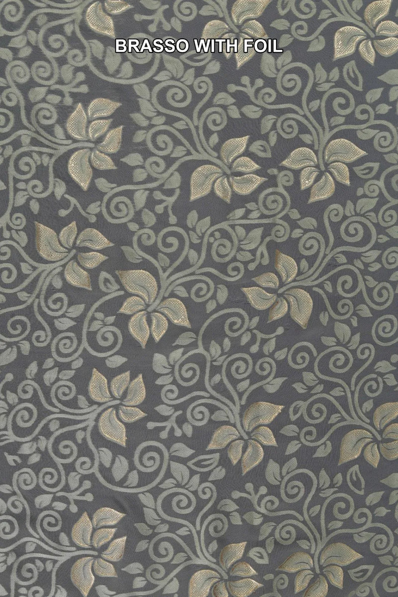Gray Foil Work Embellished Brasso Fabric
