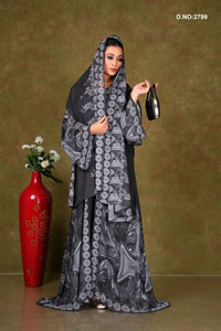 Gray Printed Chiffon Shrug with Geometric Motif Trim