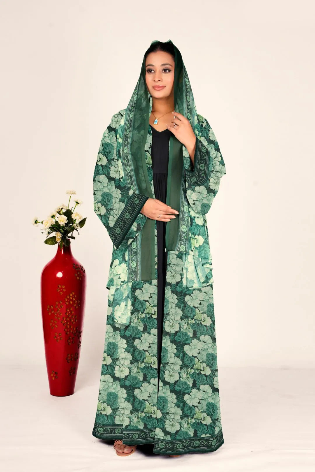 Botanical Chiffon Overlay Shrug Open Longline Women Modest Wear