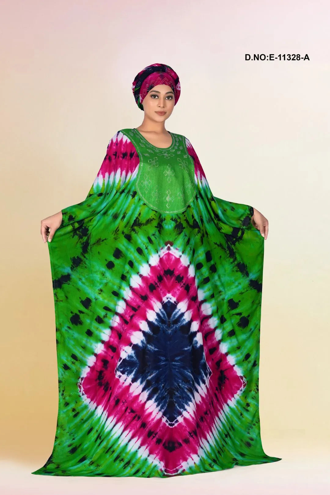 Green Casual Wear Printed Tie Die Rayon Kaftan