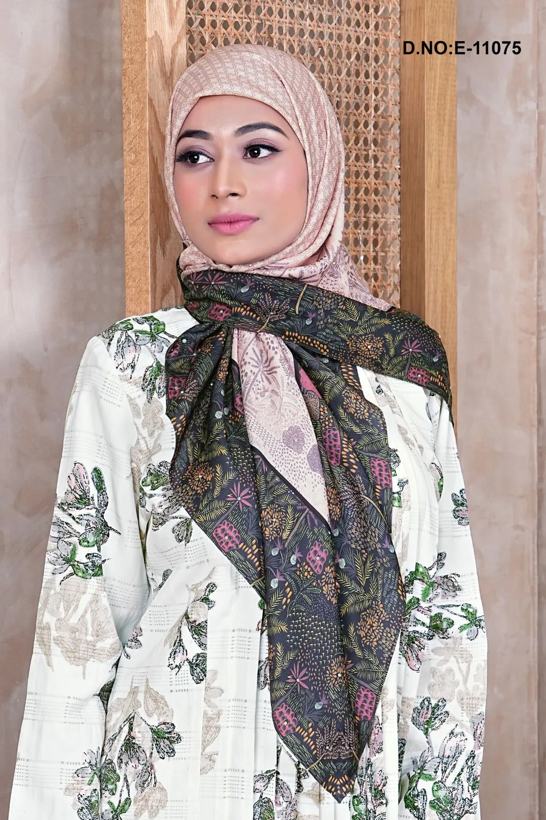 Green Flower Printed Baju Kurung With Scarf For Women