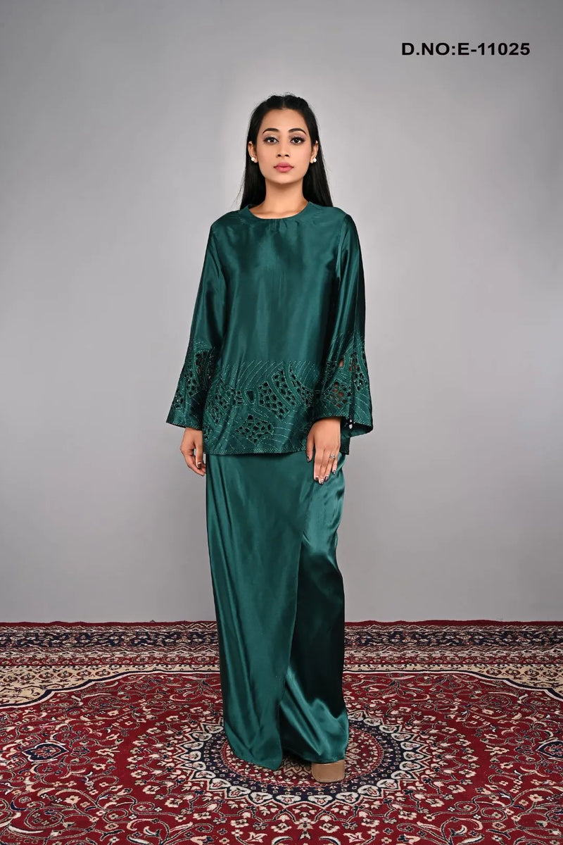 Green Lacey Mini Kurung Kedah Set For Women