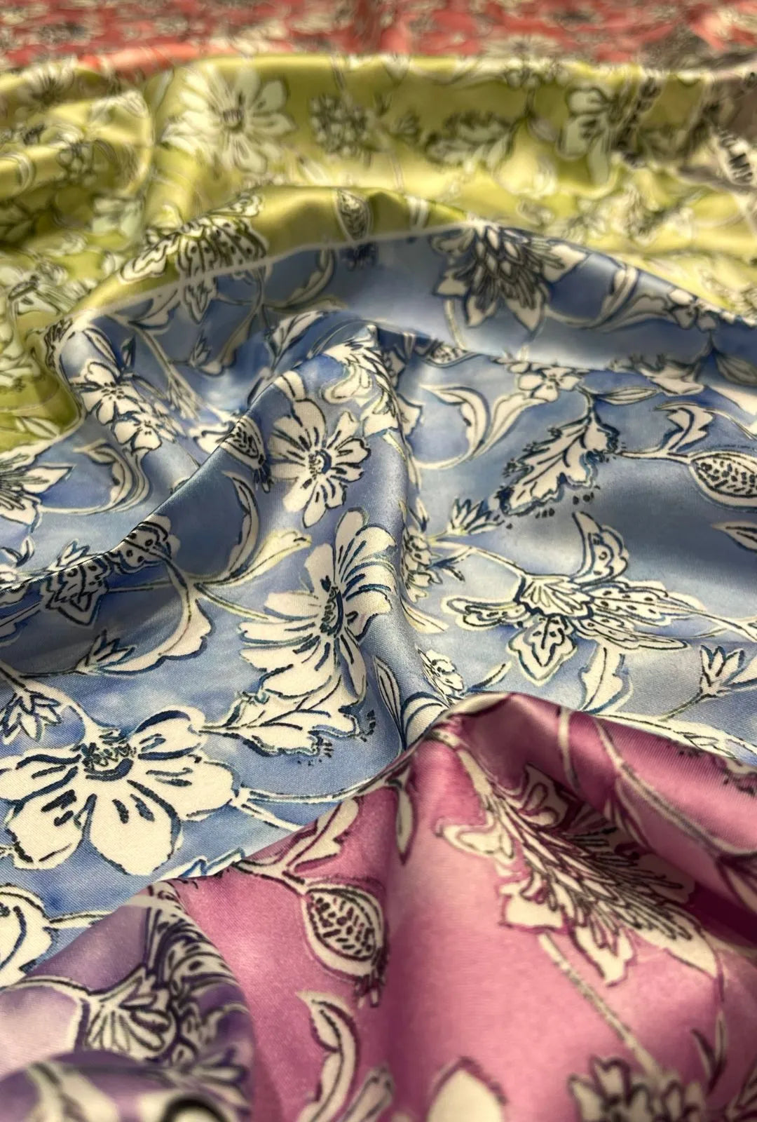 Illustrated Foliage Line Art Printed On Smooth Baby Satin Yardage