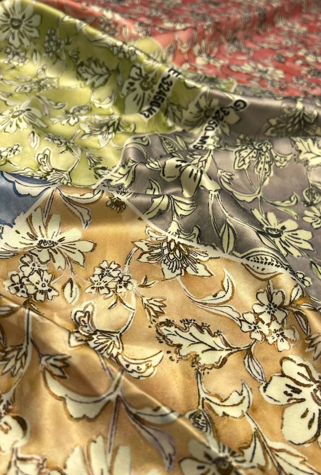 Illustrated Foliage Line Art Printed On Smooth Baby Satin Yardage