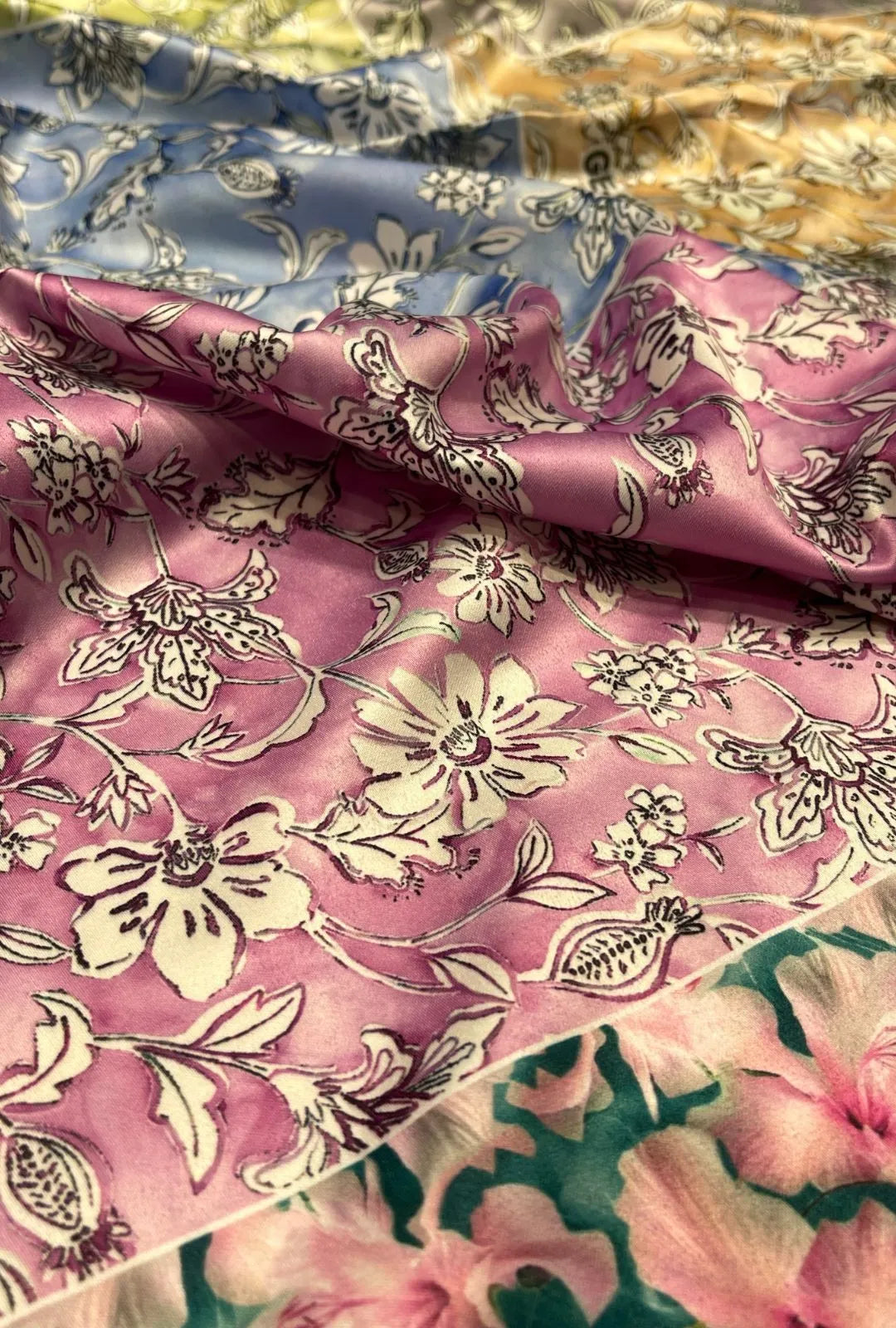 Illustrated Foliage Line Art Printed On Smooth Baby Satin Yardage