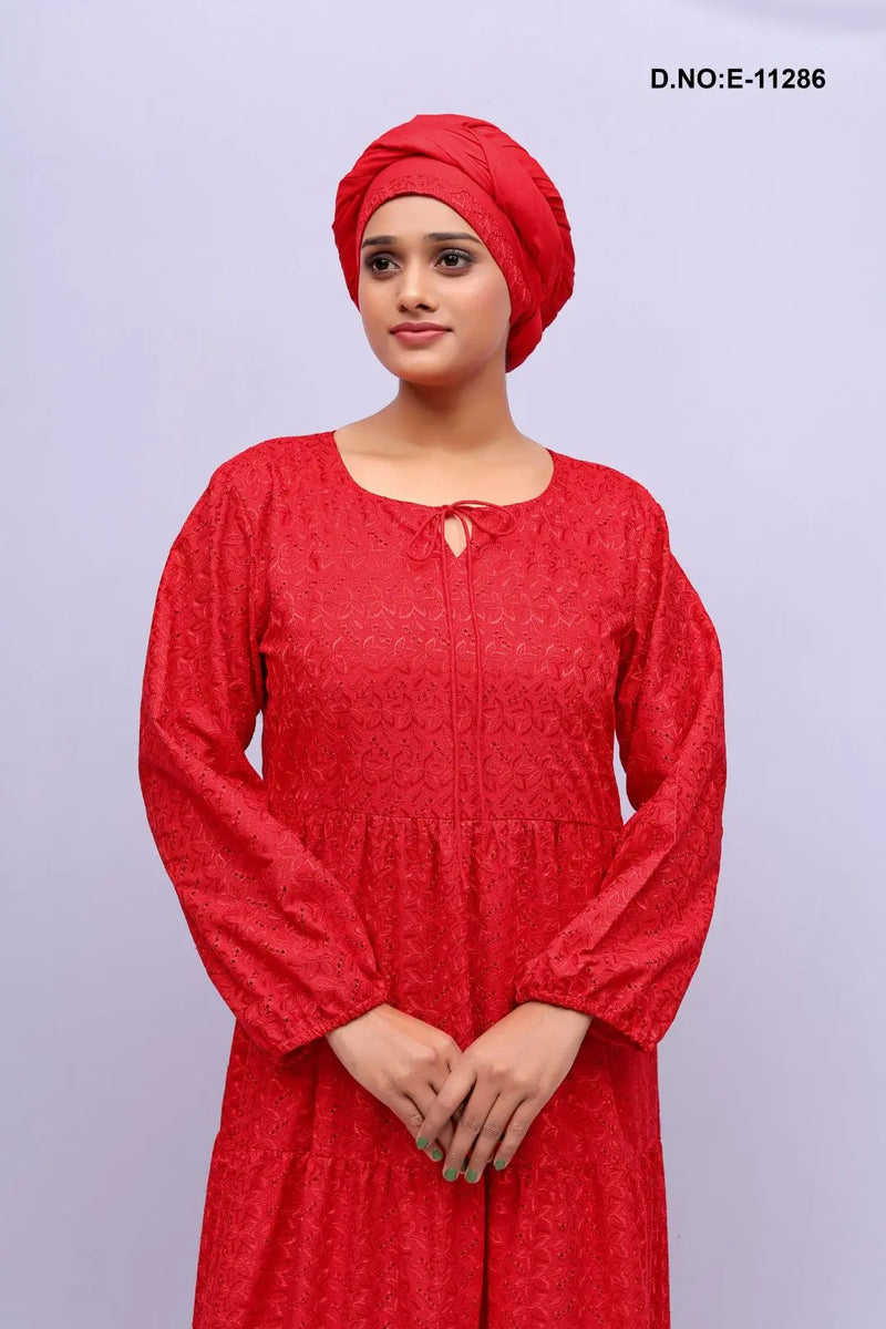 Red Floral Embroidered Kaftan Dress For Women