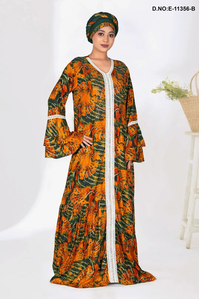 Muslim Abaya Women Ethnic Floral Kaftan Maxi Dress with Hijab