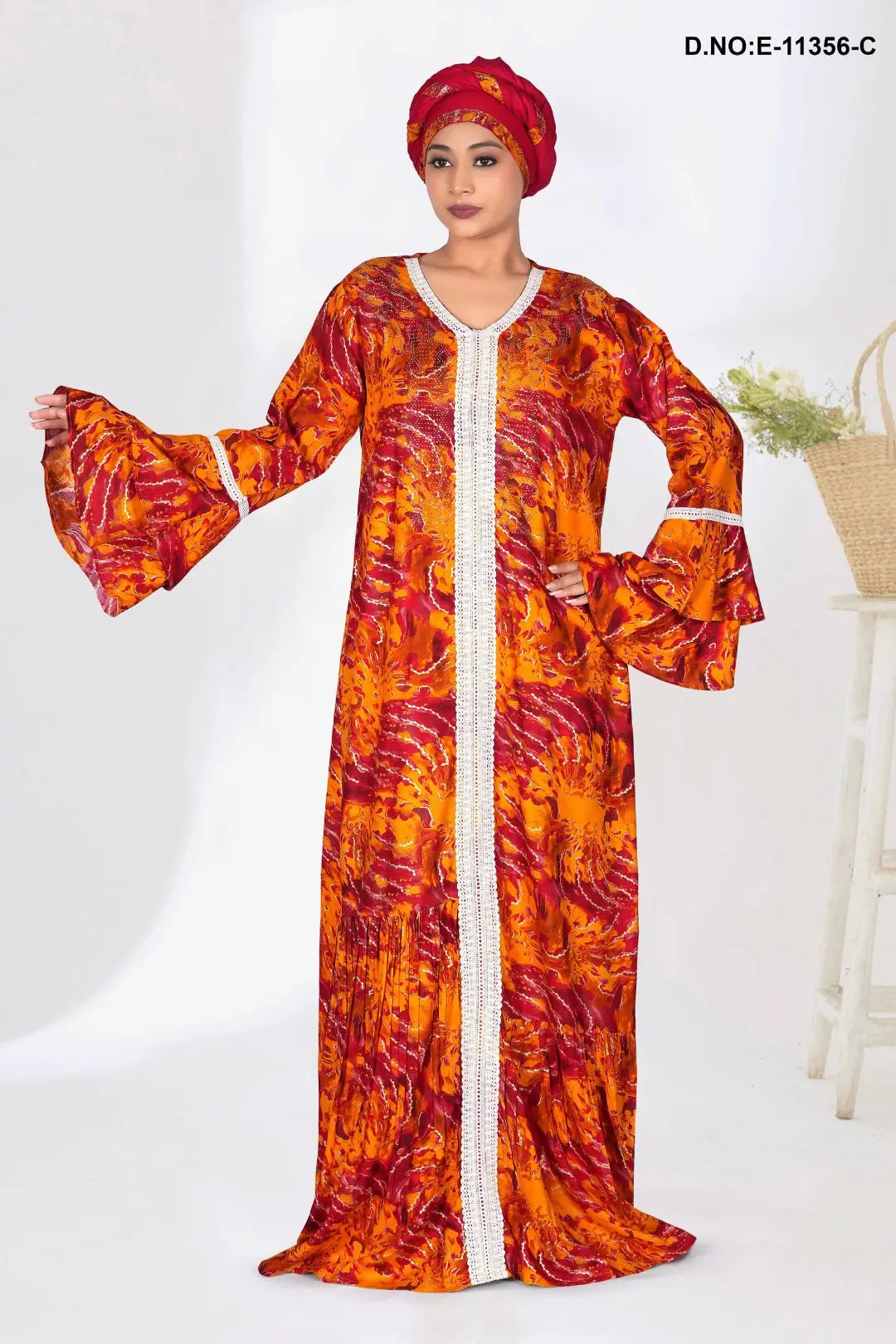 Muslim Abaya Women Ethnic Floral Kaftan Maxi Dress with Hijab