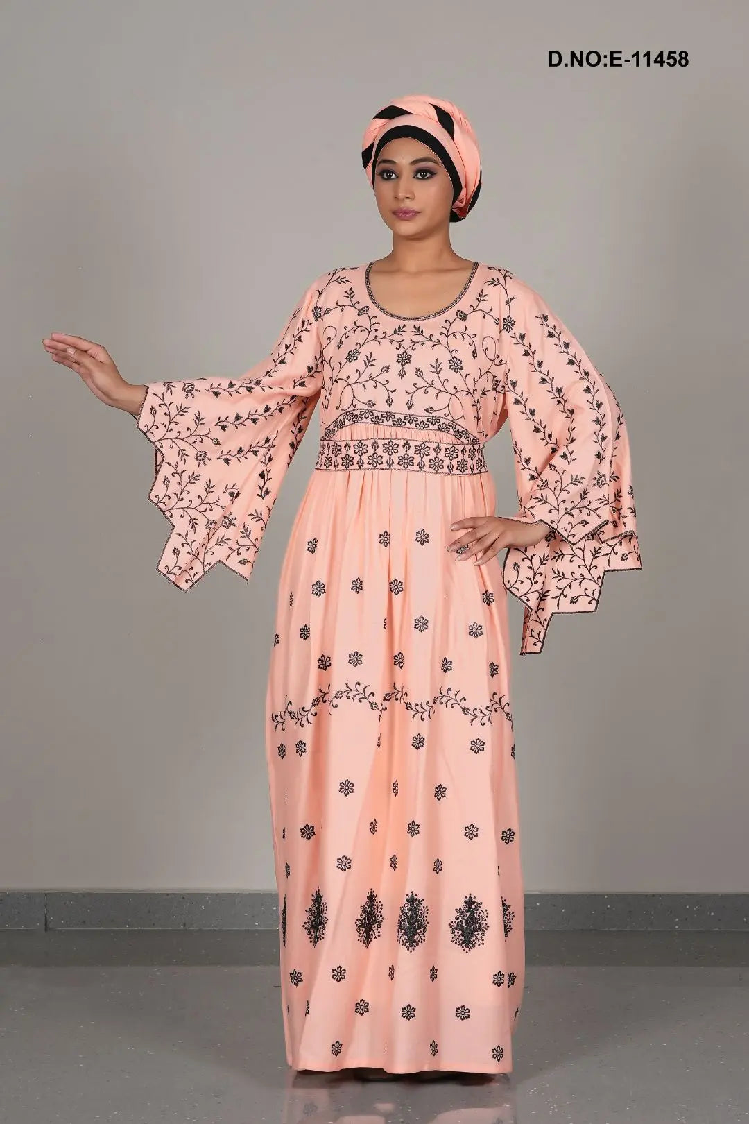 Women's Embroidered Flared Printed Pink Kaftan