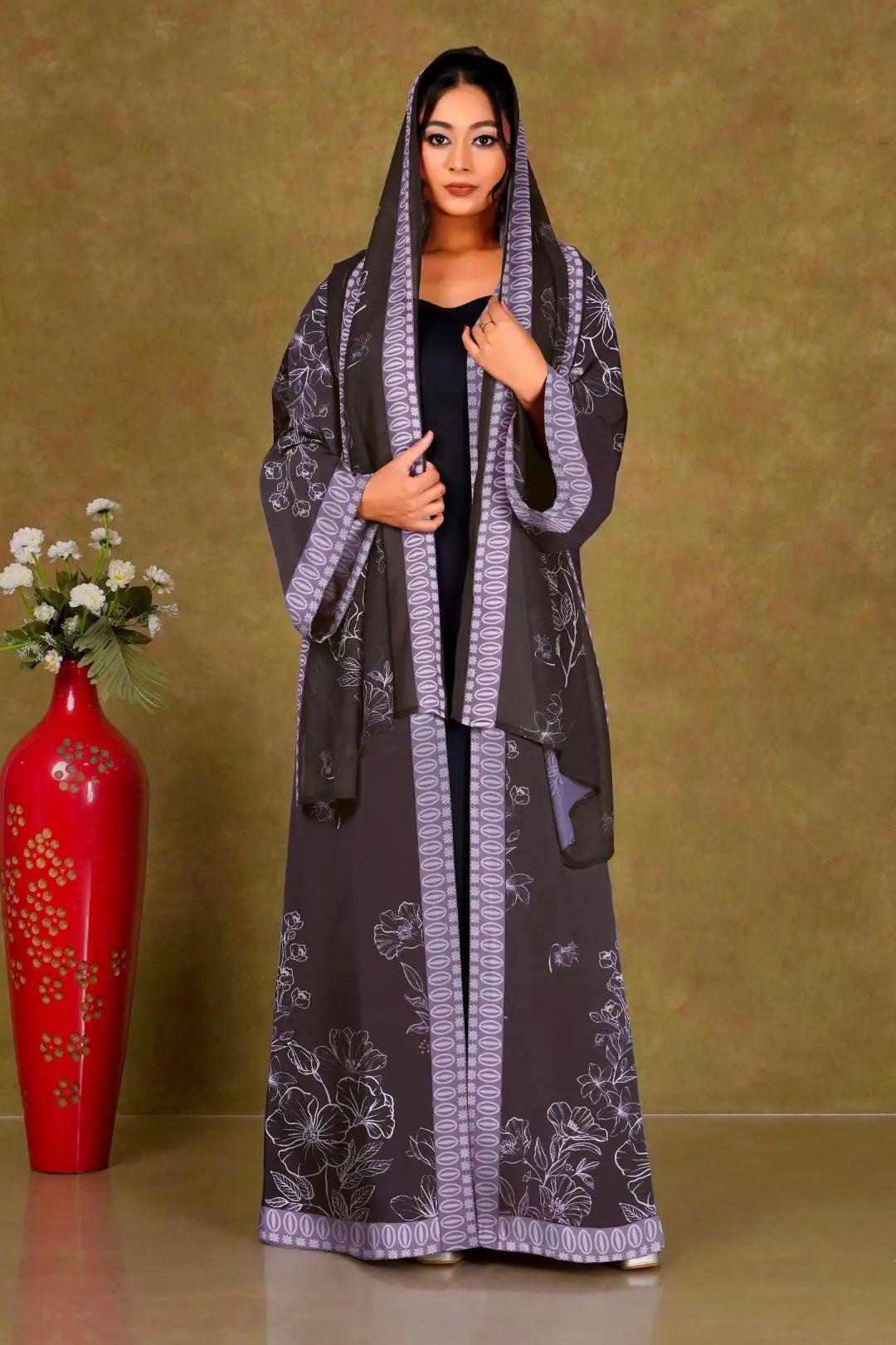 Chiffon Shrug Set with Floral Outline Print gajiwala export