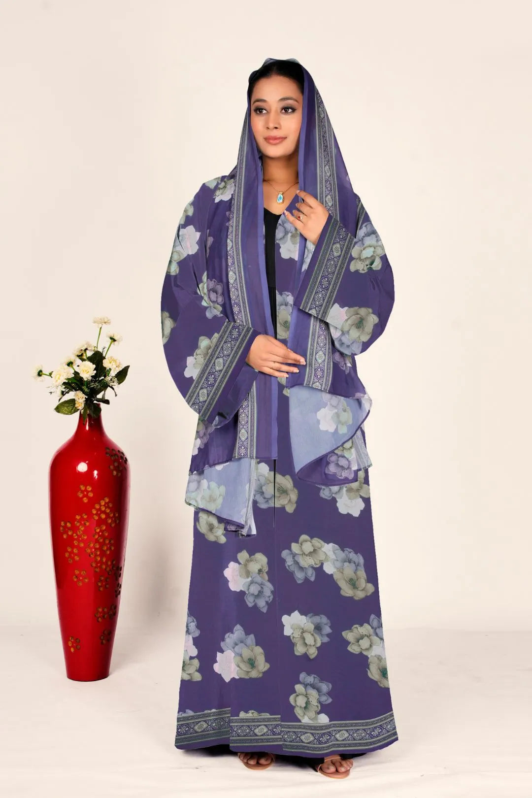 Floral Chiffon Long Shrug Front Open Modest Abaya Style Wear