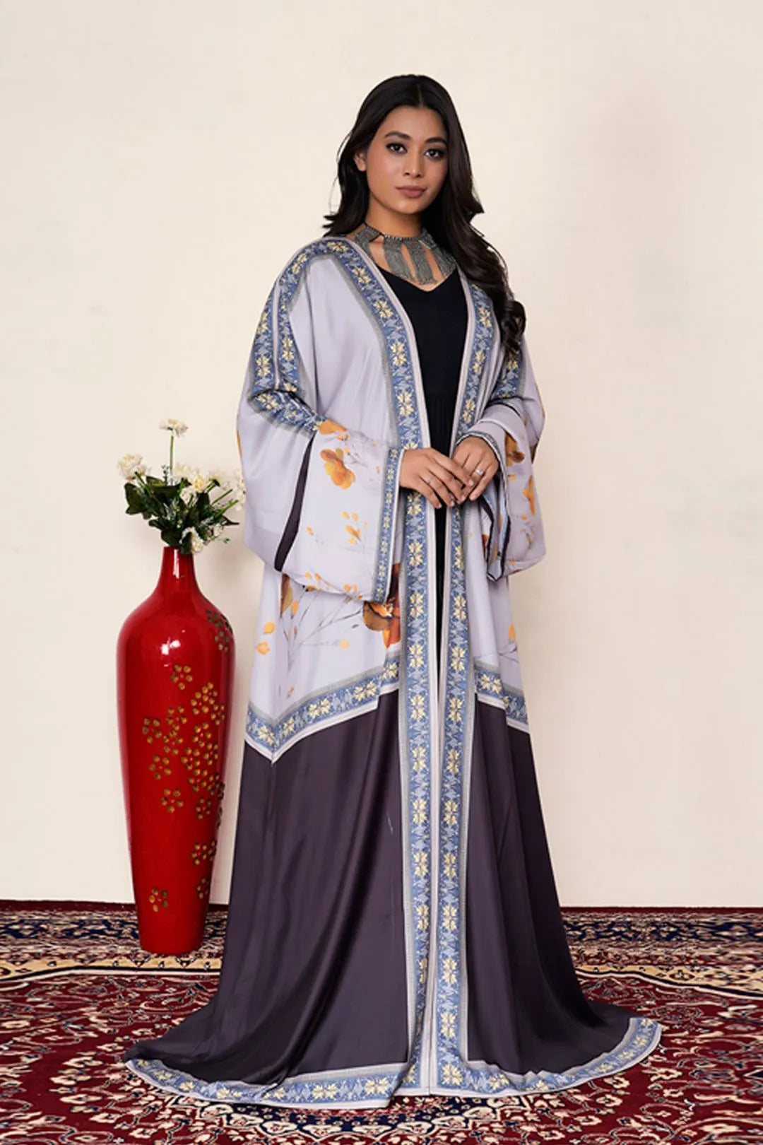 Lavender Floral Korean Satin Shrug Abaya Elegant Border Detail