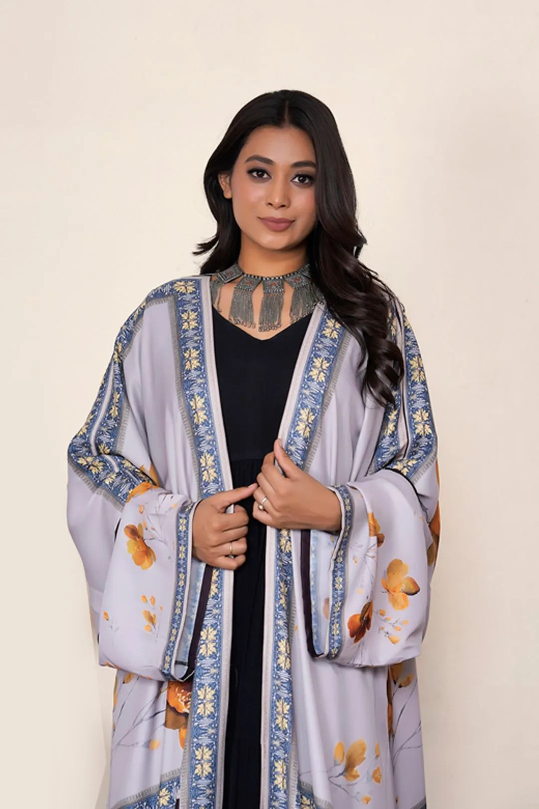 Lavender Floral Korean Satin Shrug Abaya Elegant Border Detail