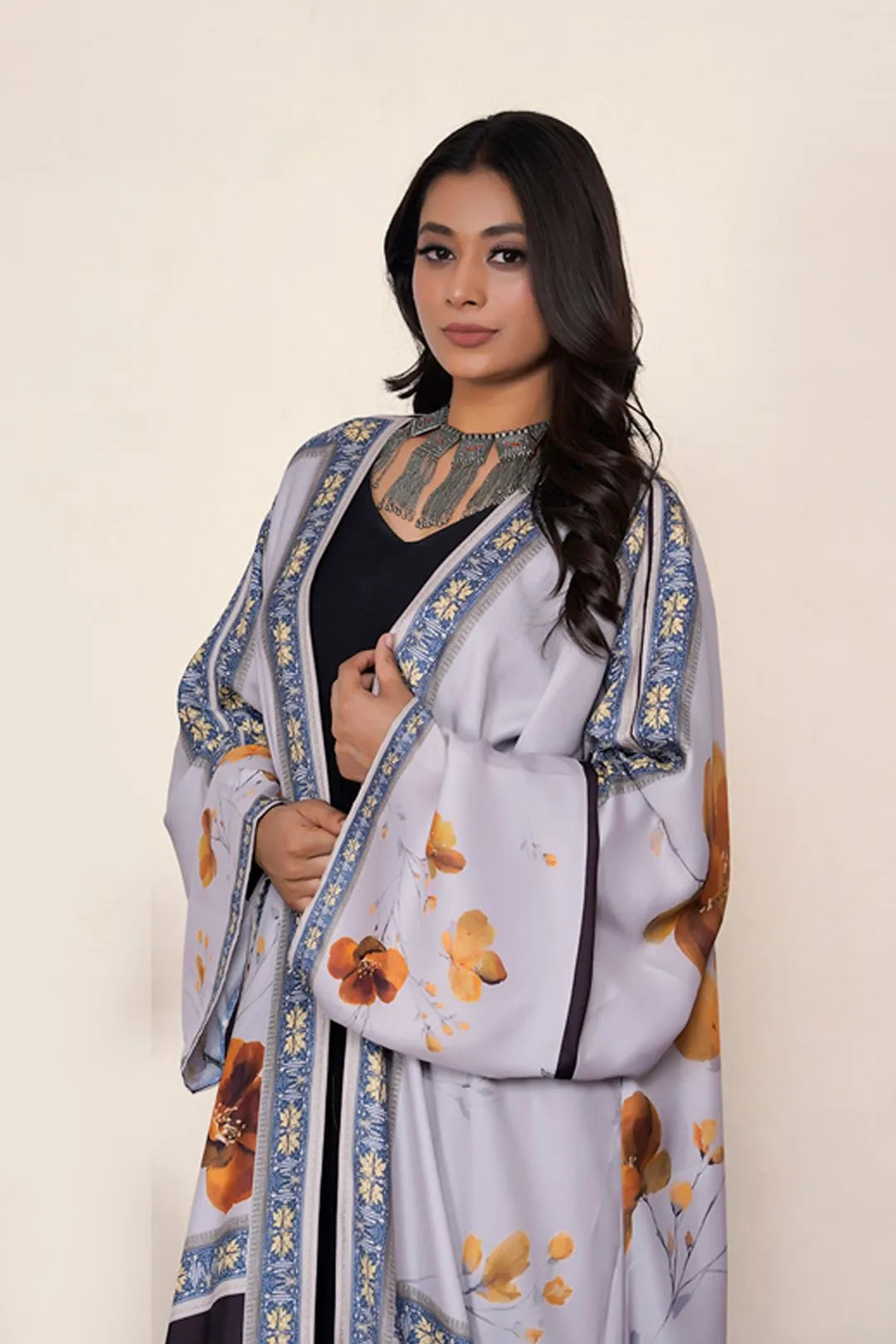 Lavender Floral Korean Satin Shrug Abaya Elegant Border Detail