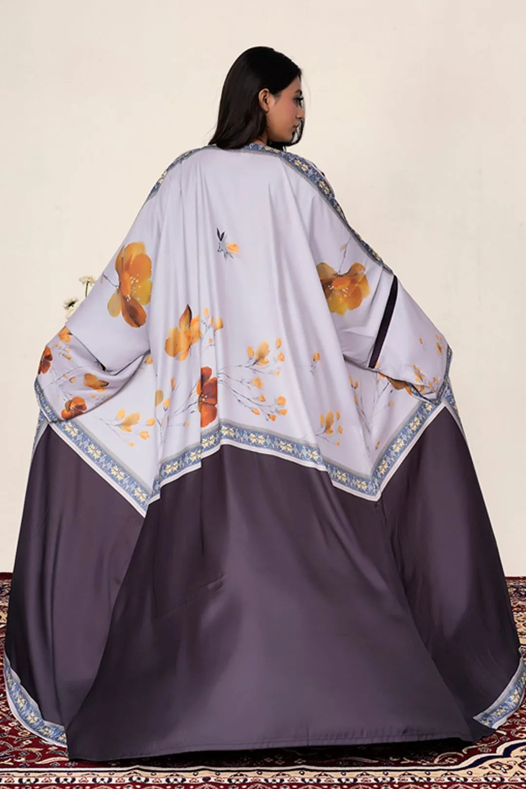 Lavender Floral Korean Satin Shrug Abaya Elegant Border Detail