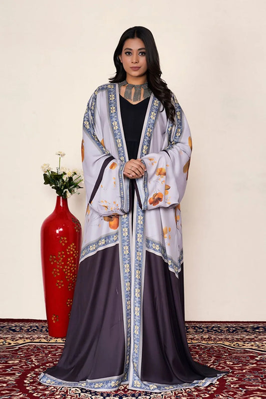 Lavender Floral Korean Satin Shrug Abaya Elegant Border Detail
