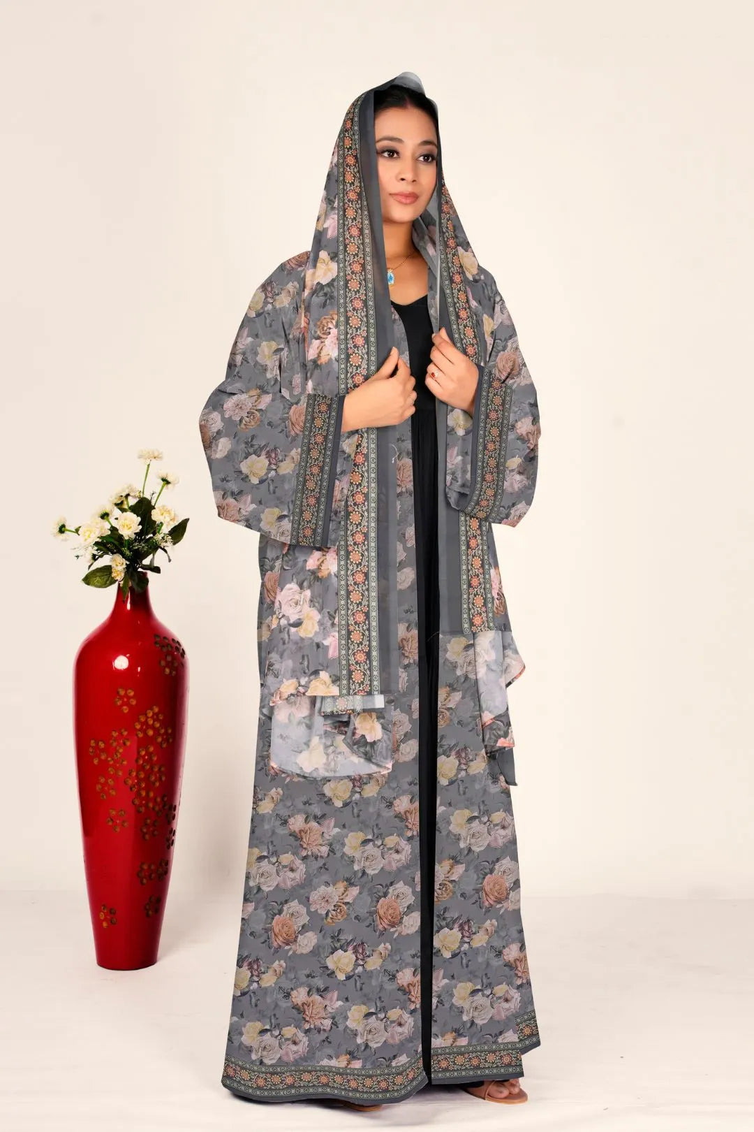 Chiffon Long Floral Shrug Women Open Front Full Length Modest Wear