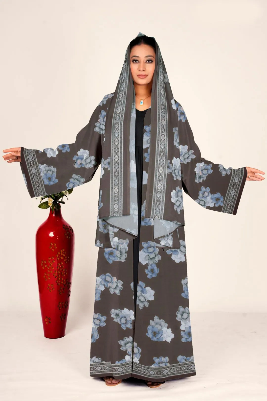 Floral Chiffon Long Shrug Front Open Modest Abaya Style Wear