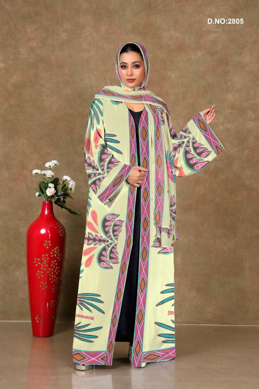 Light Yellow Chiffon Shrug Set with Tribal Motif Print and Diamond Trim